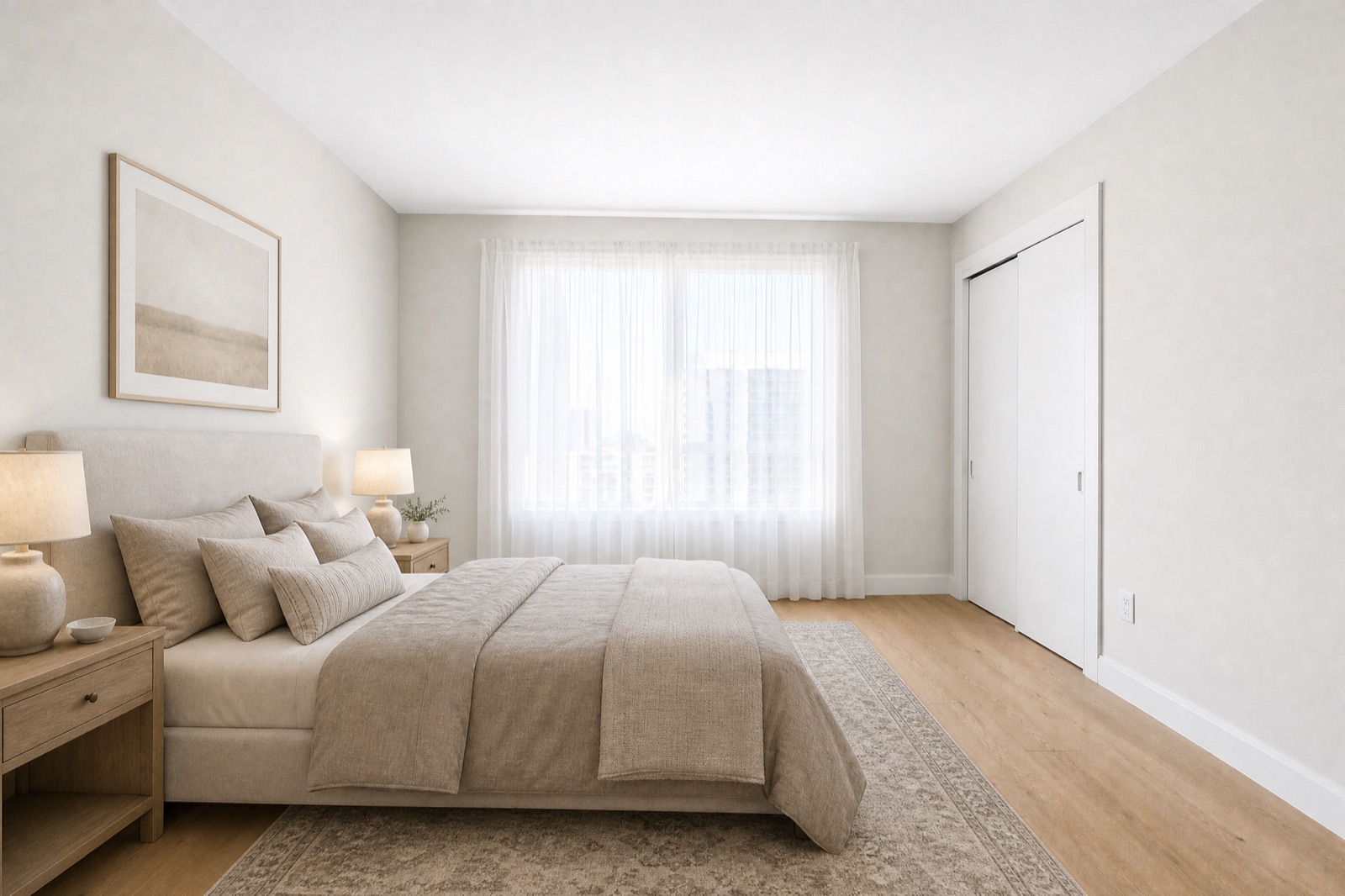 El mismo dormitorio, amueblado virtualmente con cama, mesas de noche y alfombra.